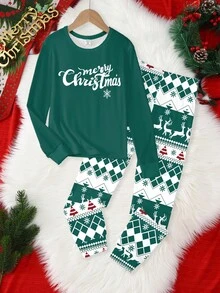 2 件男童圣诞快乐字母和鹿印花长袖上衣和裤子睡衣套装，圣诞主题，针织弹力面料 - 彩色 - 查看 6