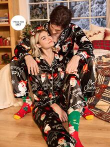 CoupledUp 圣诞老人印花仿丝绸男士睡衣套装，秋冬服装，圣诞节 - 黑色 - 查看 5