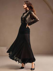 Anewsta Petite Rochie elegantă și romantică din dantelă, cu mânecă lungă, model patchwork, cu tiv evazat și volane, nouă sosire Anewsta - Negru - Vizualizare 6