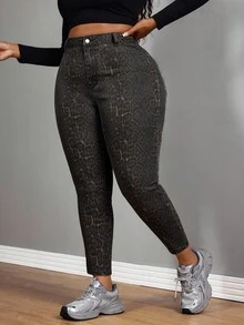 SHEIN SXY Quần jean bó cạp cao họa tiết da báo cỡ lớn dành cho nữ - Nhiều màu - Xem 1