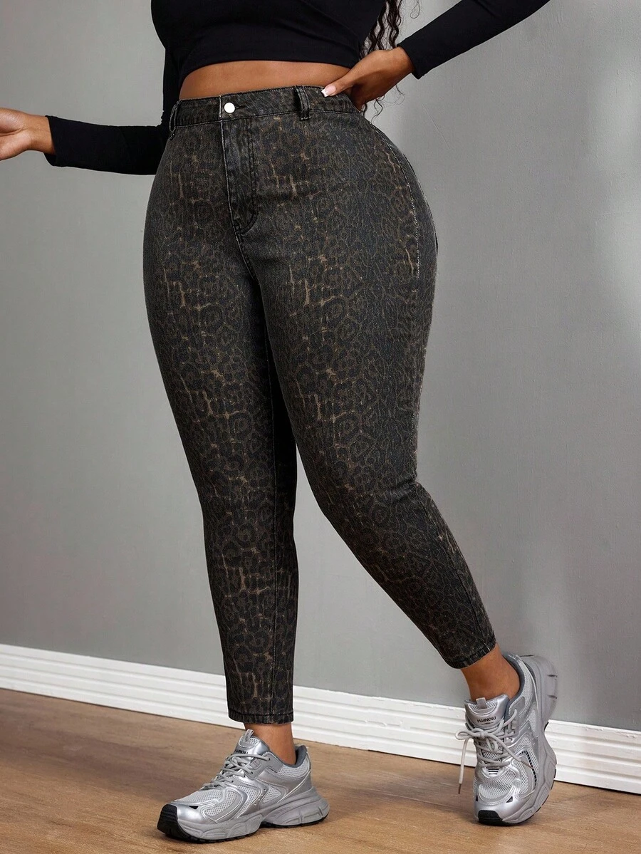 SHEIN SXY Quần jean bó cạp cao họa tiết da báo cỡ lớn dành cho nữ - Nhiều màu - Xem 1