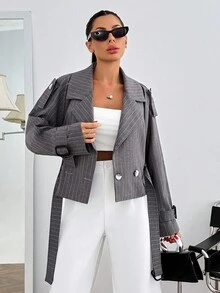 EURMUSE Women Striped Detailed With Belted Blazer Jacket