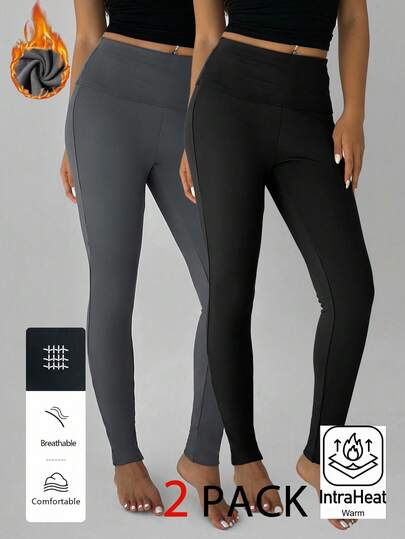 FavEase 2 Packs Women's Thermal Leggings, Black & Grey, Knitted Stretchy Fabric, Thermal Lined, For Daily, Commute, Casual Wear, Winter