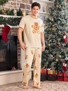 CoupledUp Gingerbread Man Print Contrast Color Pullover Short Sleeve Pajama Set,Men Couple Matching Christmas Pjs,Rainbow,Summer,Cute,Lounge Pajamas - Multicolor - View 4