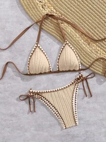 Bonvoyette Bộ 2 bikini nữ màu trắng, chất liệu vải dệt họa tiết hình vỏ sò, kiểu dáng đơn giản, thanh lịch, thích hợp cho mùa xuân/hè, đi biển, sân bay hoặc đi nghỉ mát. - Màu be - Xem 6