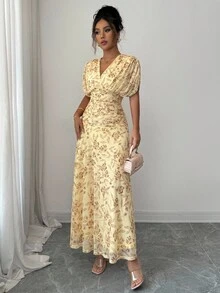 Elenzga Women's Elegant French Style Vacation Loose V-Neck Drop Shoulder Ruched A-Line Maxi Dress, Suitable For Beach, Afternoon Tea, Party - Yellow - View 5