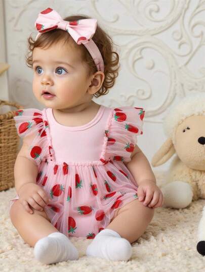 SHEIN Atuendo de sesión de fotos de pelele de tutú de red de tulle con fresas y diadema de fresa para bebé niña