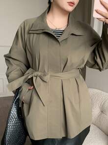 Dazy Plus Plus Size Women Stand Collar Long Sleeve Tie Waist Casual Trench Coat, Spring/Autumn Jacket