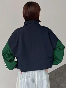 FRIFUL 女士撞色拉链休闲宽松长袖夹克秋冬 - 藏蓝色 - 查看 5