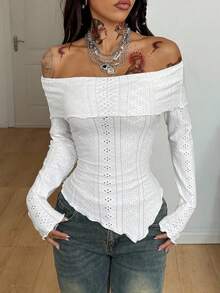 Coolane Damen Winter/Herbst Streetwear Vintage Y2K Date Night Lässig Offene Strick Spitze Dehnbar Komfortabel Weiß Off-Shoulder Langarm Tops