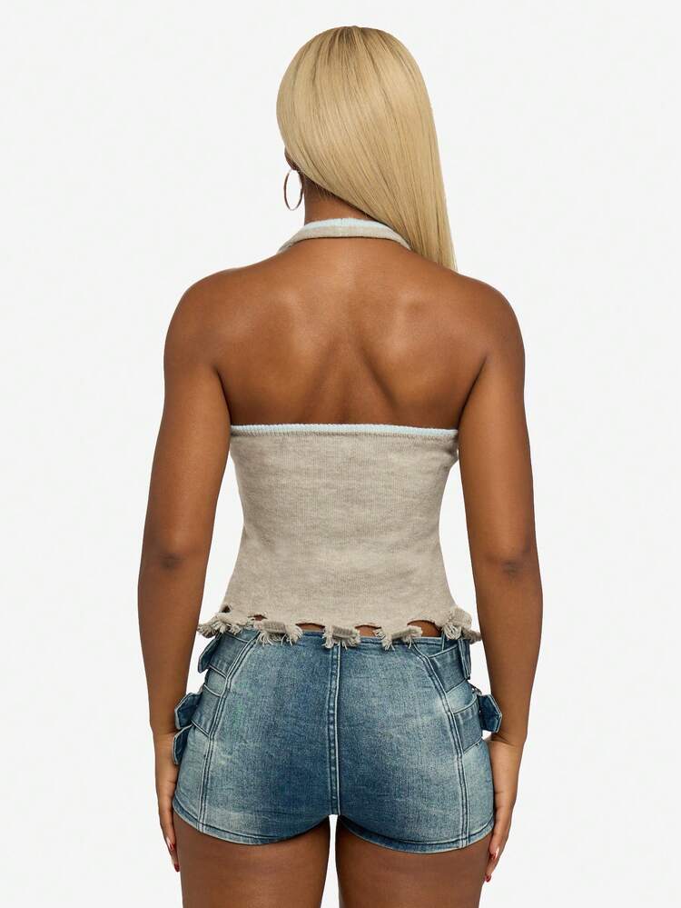 SUMWON WOMEN Knitted Halter Tank With Varsity Print