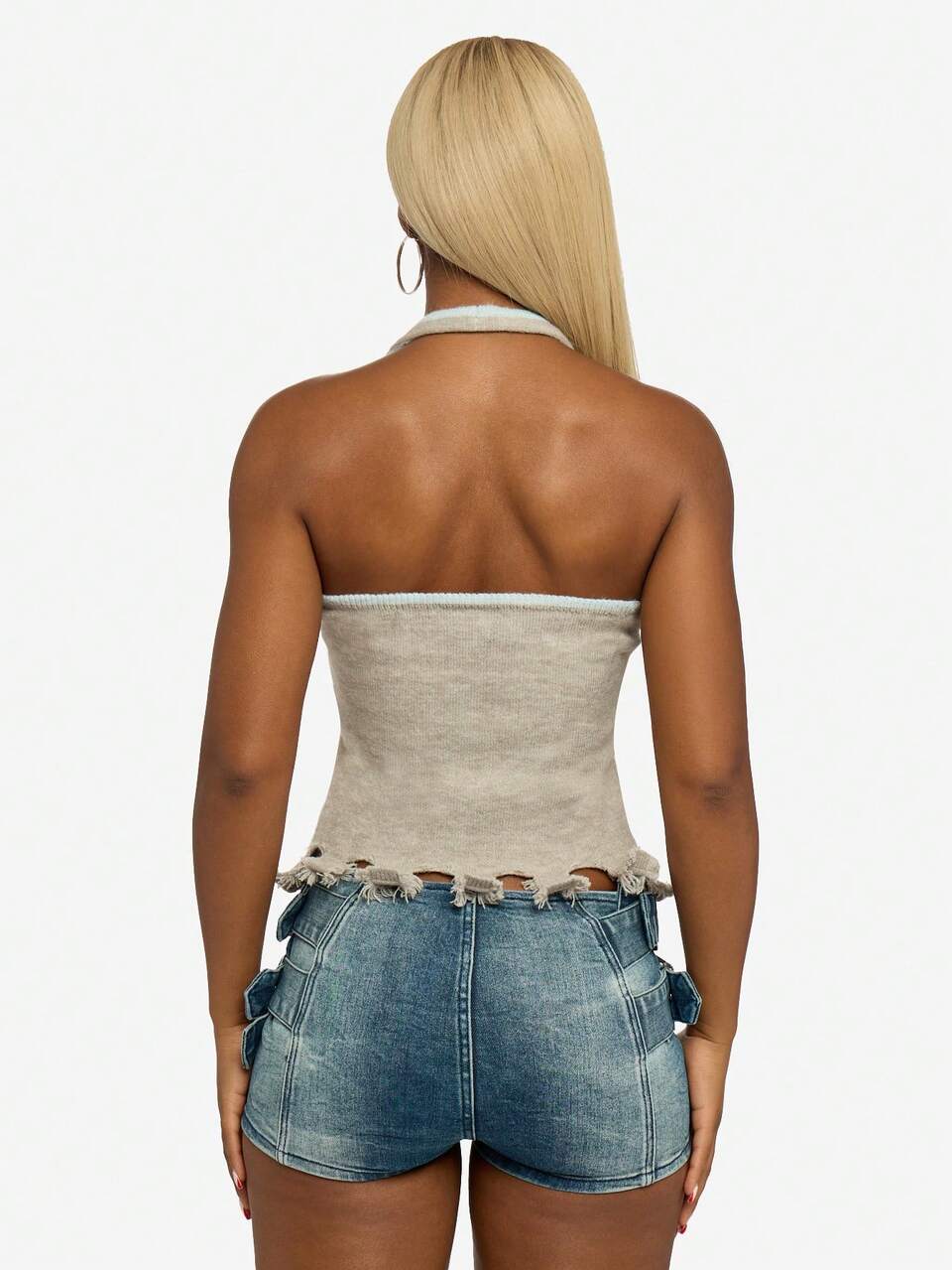 SUMWON Knitted Halter Neck Tank Top With Varsity Number Print Scoop Neckline Crop Length Summer Festival Casual Wear
