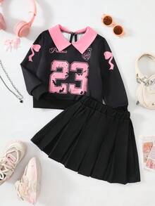2pcs/Set Girls Vintage School Style Outfit,Light Pink Letter & Bow Print Knit Sweatshirt & Pleated Skirt,Autumn Back-To-School Career Day Sport Set - Black - View 3