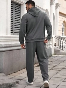 Manfinity CasualCool Conjunto casual de moletom com capuz e manga comprida masculino plus size, com bolsos e cordão na cintura, roupas de outono - Cinza - Ver 2