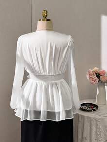 Flirla Plus Size V-Neck Exposed Waist Elegant Sweet Flowing Fashion Blouse - White - View 3