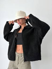 EURMUSE Zip Up Drop Shoulder Teddy Coat - Black - View 4