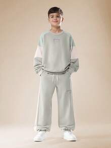 SUMWON Two Piece Ottoman Raglan Sleeve Co-Ord Set With Contrast Panels Casual Wear Fall Winter Everyday Streetwear Collection Ribbed Cuffs And Hem Drawstring Pants - Grey - View 1