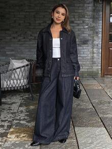 DAZY Women's Denim Jacket With Collar And Belt, Paired With Loose Wide-Leg Denim Pants, 2 Pieces Casual Denim Suit - Dark Wash - View 3