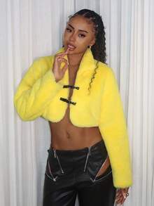 Y2K Amplova Casual Yellow Long-Sleeved Stand-Up Collar Chest Pu Leather Strap Sexy Super Short Women Faux Fur Coats In Fall/Winter - Yellow - View 1