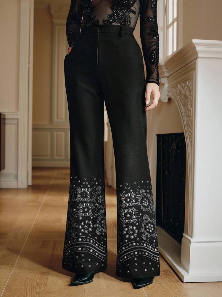 Pantalon de ville à taille haute avec broderie et décorations de strass pour femmes