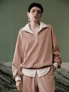 Uhlyne Uhlyne Women's Casual Minimalist Distressed Collar Zip-Up Ribbed Sweatshirt, Autumn/Winter - Dusty Pink - View 7