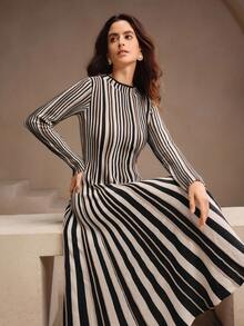 Women's Knitted Colorblock Ribbed Layered Dress - Black and White - View 7