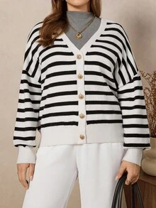 Zelara 大码纽扣落肩开衫、休闲条纹开衫、商务休闲女装、度假装、乡村风格上衣优雅女士开衫休闲日常装、通勤简约办公室复古开衫、日常通勤和户外必备品、海军风女士秋季服装女士冬季服装通勤、极简主义 - 黑與白 - 查看 6