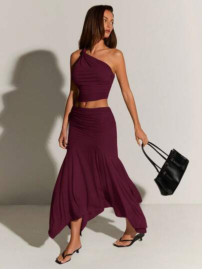 Athîral 女式性感纯色单肩上衣和不对称下摆半身裙两件套，夏季