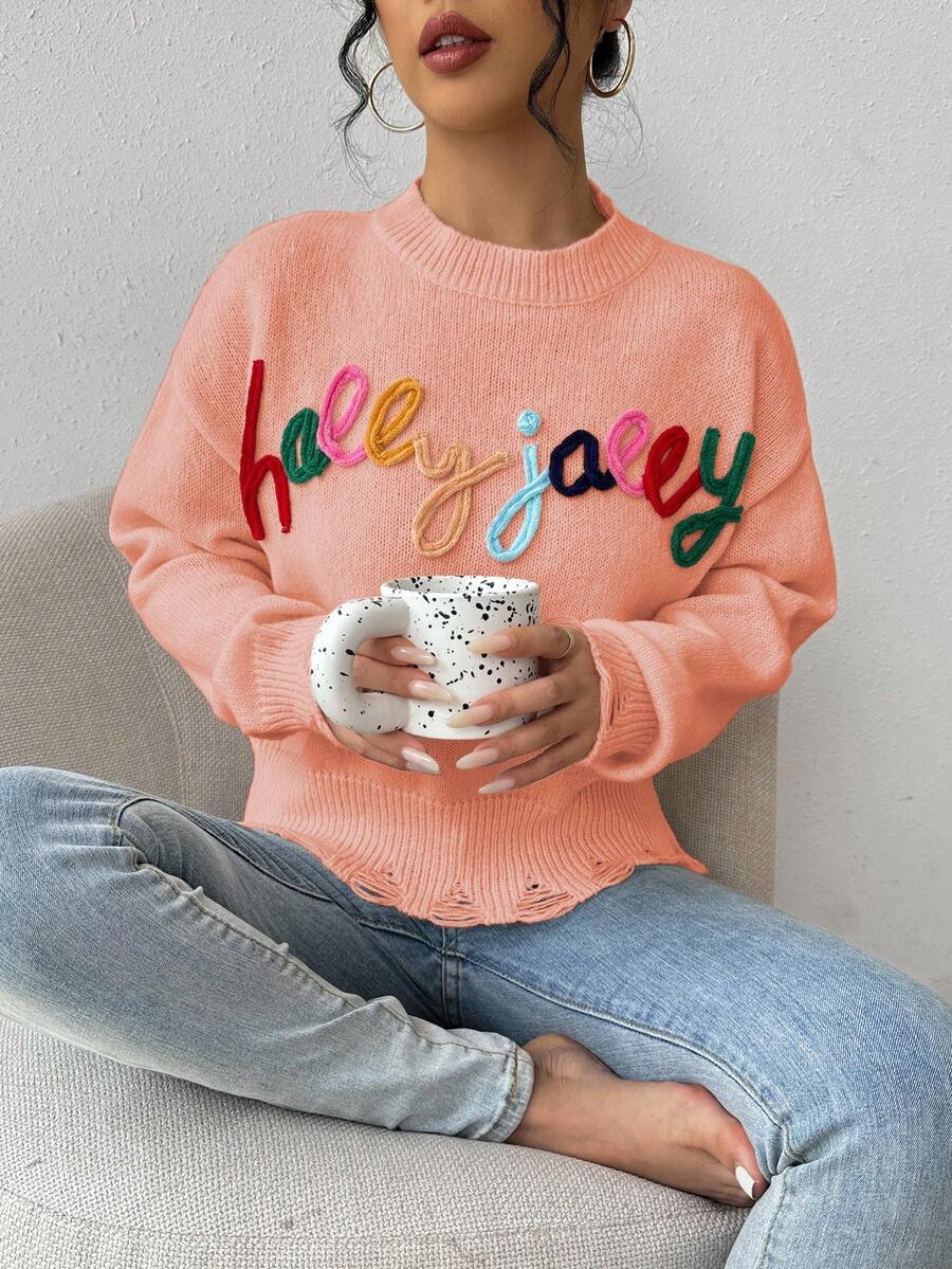 SHEIN LUNE Sweater Kasual Wanita dengan Bahu Longgar dan Kerah Bulat, Motif Huruf dan Grafis, Musim Gugur - Baby Pink - View 1