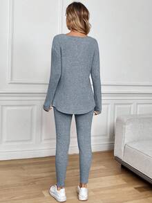 SHEIN LUNE Bộ 2 áo thun dài tay lót gân giữ nhiệt và quần legging cho nữ, màu hồng, thu/đông, mùa thu - Xám - Xem 7
