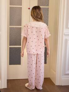 甜美乡村浪漫格子樱桃印花褶皱雪纺荷叶边撞色领短袖女童睡衣 - 粉色 - 查看 2