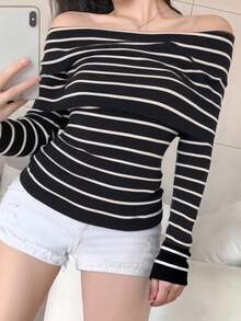 DAZY Black Striped Off-Shoulder Unique Slimming Versatile Off-Shoulder Long Sleeve Sweater - Black and White - View 5