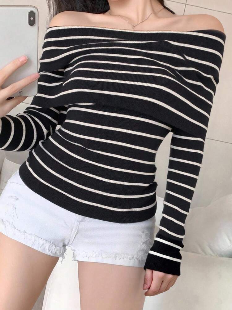 Black Striped Off-Shoulder Unique Slimming Versatile Off-Shoulder Long Sleeve Sweater