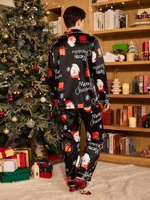 CoupledUp 圣诞老人印花仿丝绸男士睡衣套装，秋冬服装，圣诞节 - 黑色 - 查看 6