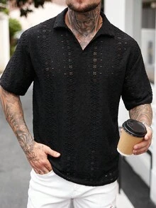 Manfinity Homme Men's Knitted Hollow Textured Black POLO Shirt Men Knitted Shirt - Black - View 3