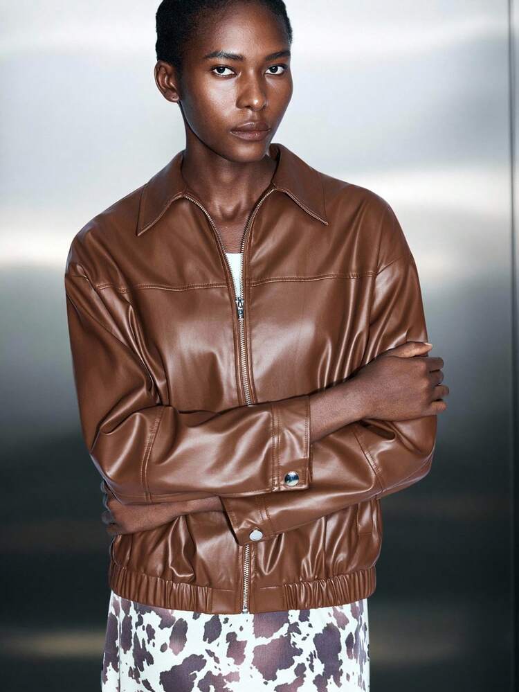 SHEIN Maija Plus Size Women Solid Color PU Leather Zip-Up Casual Loose Jacket Brown Leather Jacket In Fall/Winter