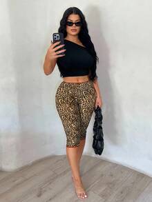 SHEIN SXY 大码豹纹撞色滚边修身七分裤 - 彩色 - 查看 4