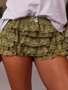 Athîral 夏季女式 Coquette 芭蕾甜美蝴蝶结可爱网眼撞色蕾丝荷叶边低腰超短裤夏季短裤海滩度假