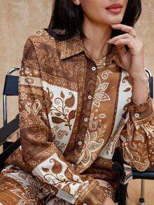 SHEIN Privé VITNOS Women's Two Pieces Set,Brown And Cream Floral Print Shirt And Pants,Boho Long Sleeve Drop Shoulder Elegant Outfit,Autumn Vacation Holiday - Multicolor - View 5