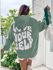 SHEIN Unity 标语印花落肩抽绳保暖连帽衫，爱自己，毕业、教师、返校季套头衫，秋季款 - 綠色 - 查看 6