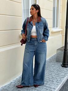 SHEIN ICON Plus Size Women Casual Street Denim Jacket, Autumn/Winter - Medium Wash - View 8