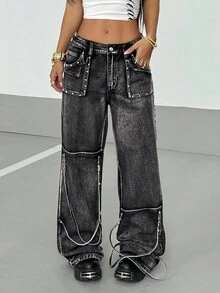 StreetHx Women's Casual Loose Wide Leg Button Pocket Jeans - Dark Grey - View 3