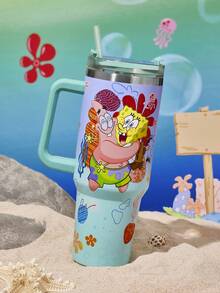 SpongeBob SquarePants | SHEIN 40 Oz / 1000 Ml Cartoon Pattern Gradient Stainless Steel Insulated Cup With Handle And Straw