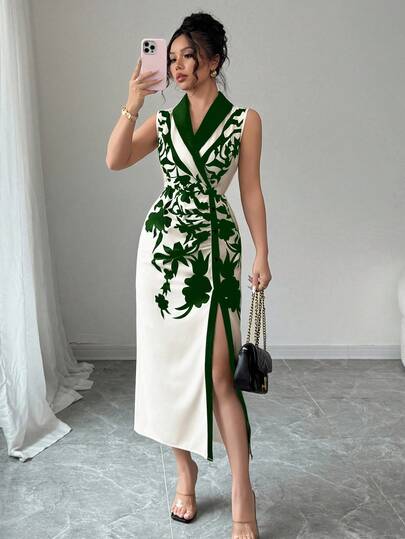 Elenzga Women's Elegant Floral Printed Slit Waist Dress, Summer