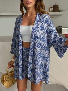 EURMUSE Bộ đồ kimono tay 3/4 họa tiết hoa và quần short thoải mái, rộng rãi cho kỳ nghỉ của phụ nữ - Nhiều màu - Xem 2