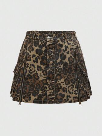 Kawaii Gonna di jeans mini a vita bassa con stampa leopardata vintage, stile Y2K, con chiusura lampo, taglie comode