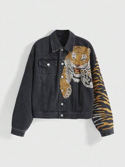 ROMWE Avant Chaqueta vaquera con bordado 3D de estampado de tigre estilo callejero vintage, unisex