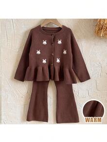 SHEIN 卡通熊图案圆领长袖套头衫和松紧腰裤子两件套（适合小女孩） 兔子图案针织毛衣套装（适合女孩） 针织开衫套装（秋冬针织两件套） 罗纹两件套（适合秋季） 针织开衫套装（适合冬季） 棕色针织毛衣和裤子套装（适合冬季） 兔子图案针织两件套 - 棕色 - 查看 9