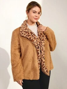 Momelise 大码豹纹拼布常规夹克 - 棕色 - 查看 4