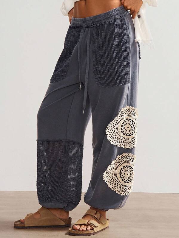 Bohemela Women's Casual Woven Patchwork Loose Pants Boho Pants Patchwork Pants Mesh Pants